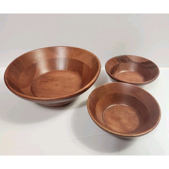 Vintage Wooden Teak Salad Bowls 3 Piece Set ( 1)-9.5",  (2)-6" - Picture 1 of 12
